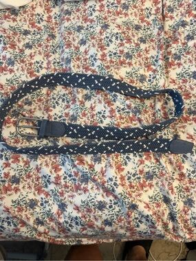 Braided Navy and White Stretch Belt with Leather Accents